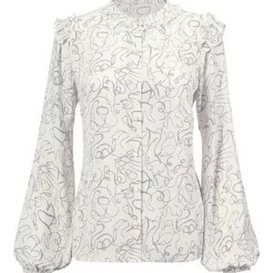 CAbi White Gray Abstract Ribbon Button Blouse